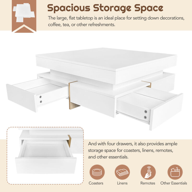 High Gloss 4-Drawer Coffee Table, Multi Storage, Wood Grain Legs, 31.5"X31.5", White