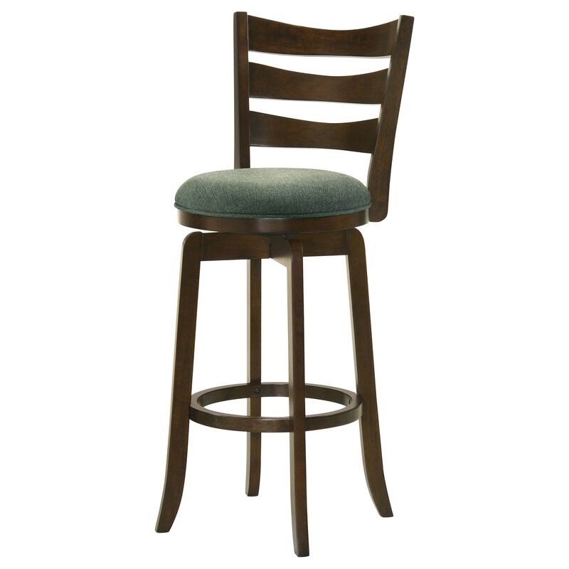 Mona Swivel Barstool Chair, Hunter Green Fabric, Dark Cherry Brown Finish - Benzara