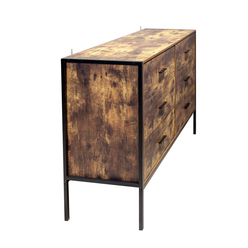 Industrial 6-Drawer Dresser with Wood Finish and Steel Frame for Bedroom