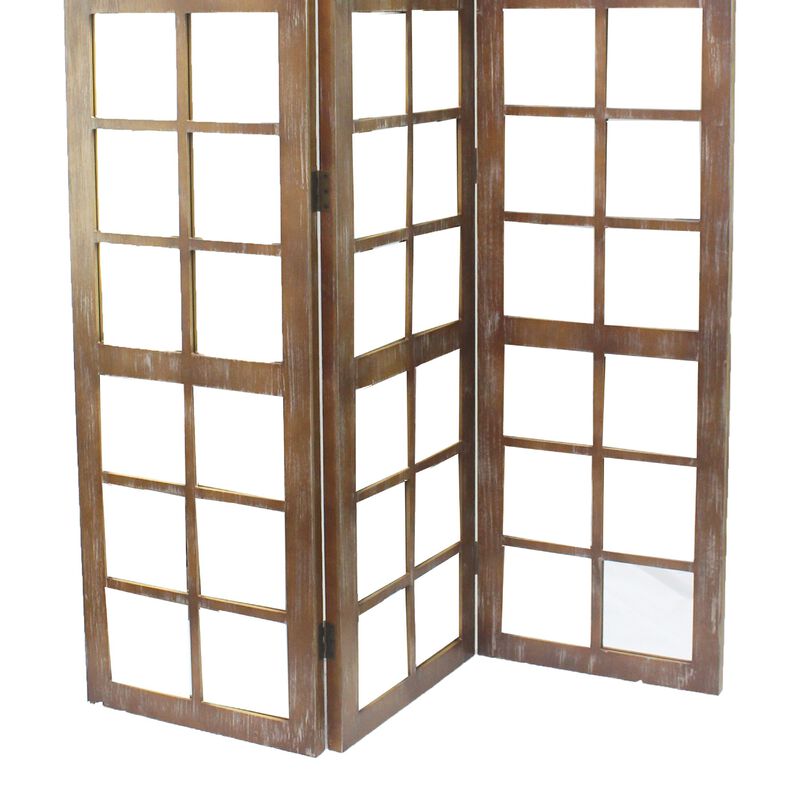 3 Panel Wooden Screen with Square Mirror Inserts, Brown and Silver - Benzara