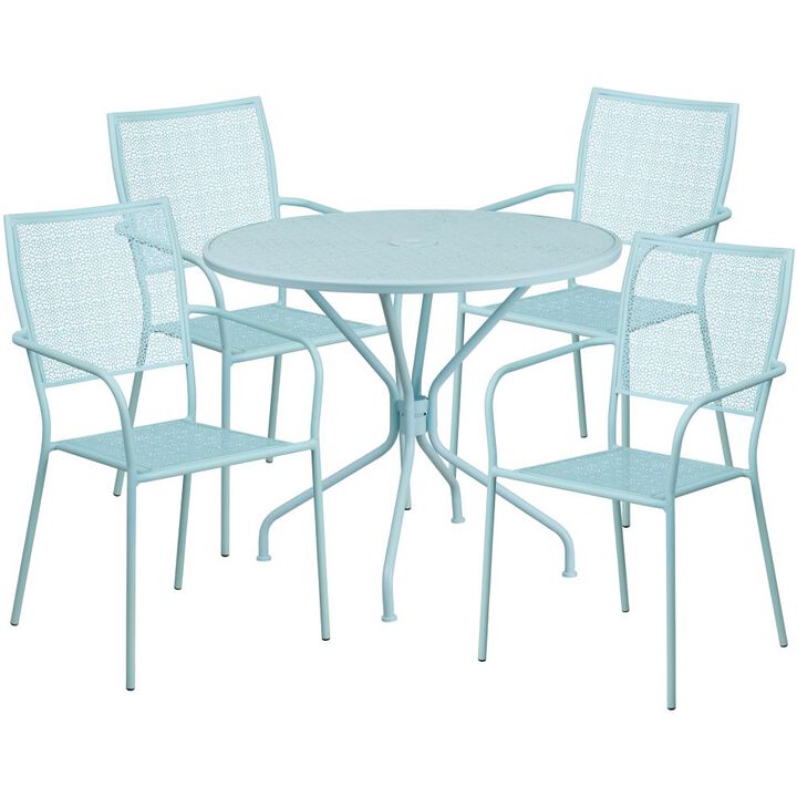 Flash Furniture Oia Commercial Grade 35.25" Round Black Indoor-Outdoor Steel Patio Table Set with 4 Square Back Chairs