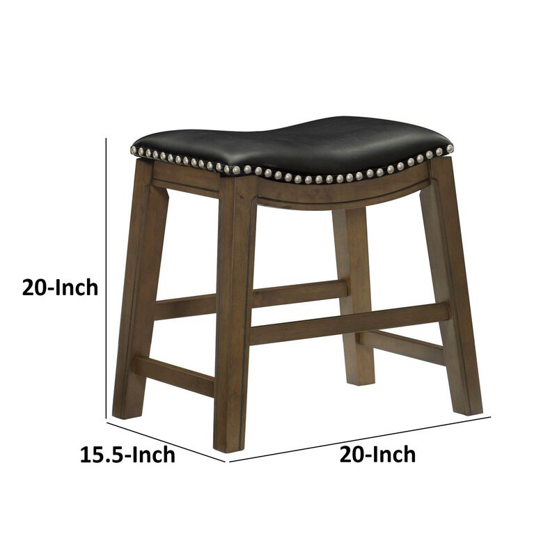 Miel 20 Inch Dining Stool, Black Faux Leather and Brown Solid Wood - Benzara