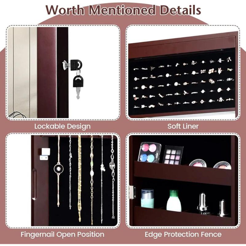 Hivvago Lockable Wall Door Mounted Mirror Jewelry Cabinet w/LED Lights