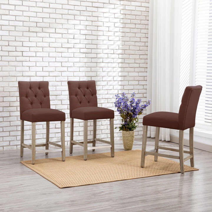 WestinTrends 24" Linen Fabric Tufted Upholstered Counter Stool (Set of 3), Antique Grey