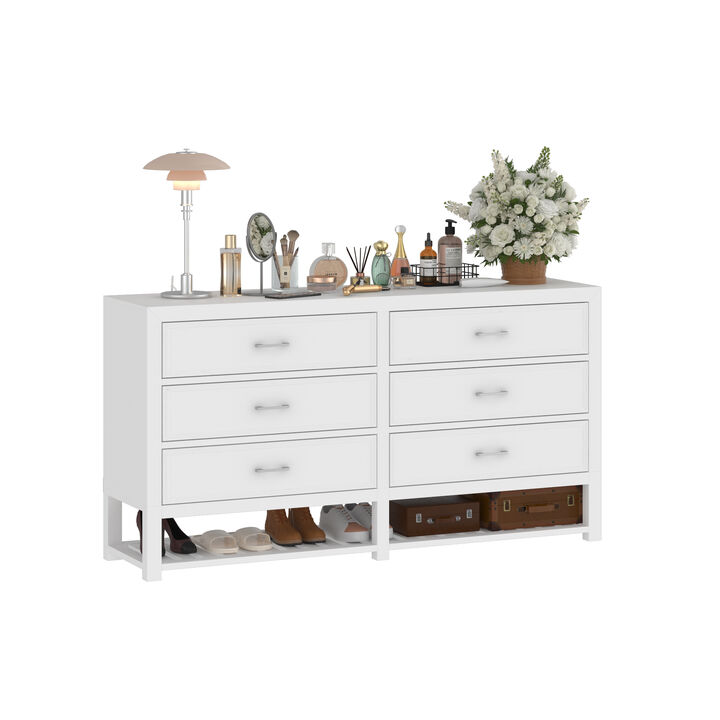 FUFU&GAGA Modern White 6-Drawer Dresser with Open Storage Shelf,（63” W x 15.7” D x 33.1” H), White