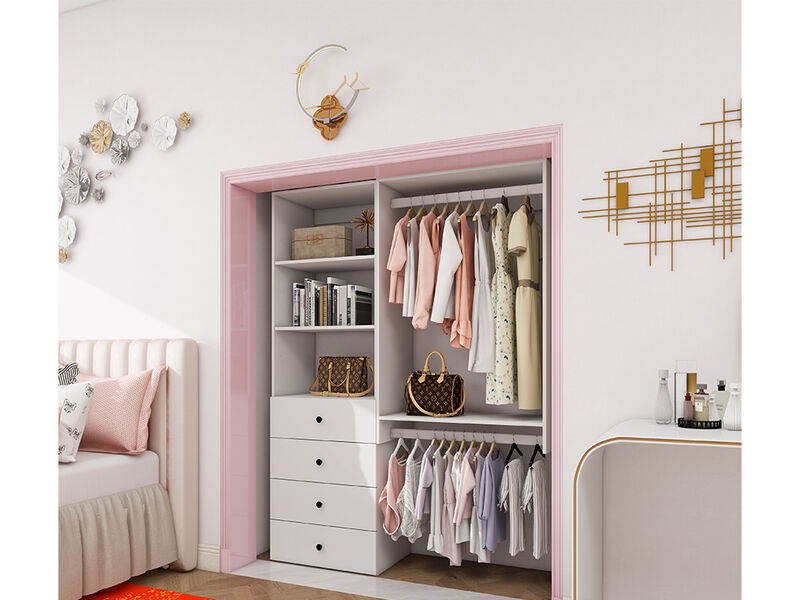 Closet Organizer System, Closet System with 4 Drawers, Walk in Closet Organizers and Storage with 3 Shelves Wall Mounted and 2  Clothing Racks, White Wardrobe Closet