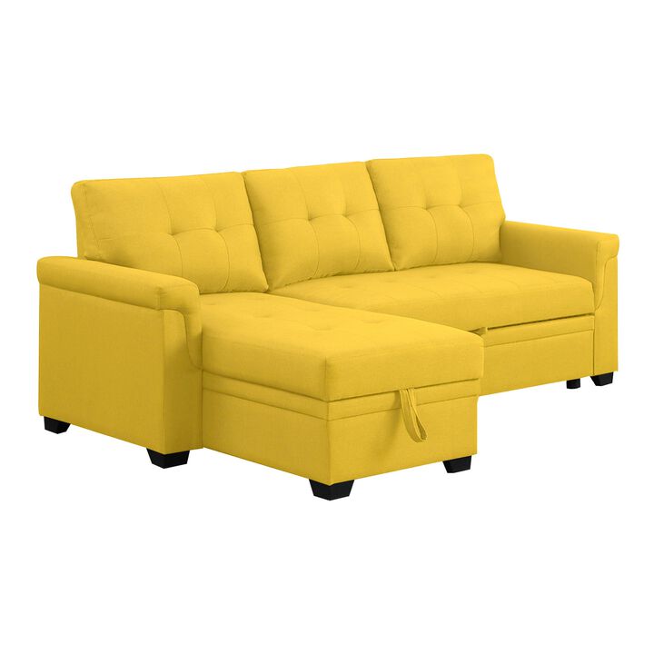 Elliot 84 Inch Sleeper Sectional Sofa with Storage Chaise, Yellow Fabric-Benzara