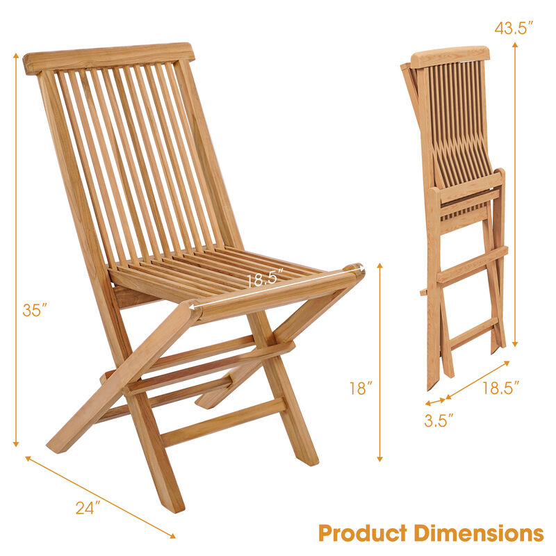 Set of 2 Teak Patio Folding Chairs with High Back and Slatted Seat
