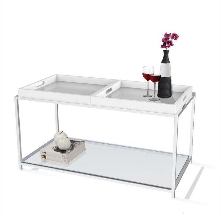 Hivvago Modern Chrome Metal Coffee Table with 2 White Removable Trays