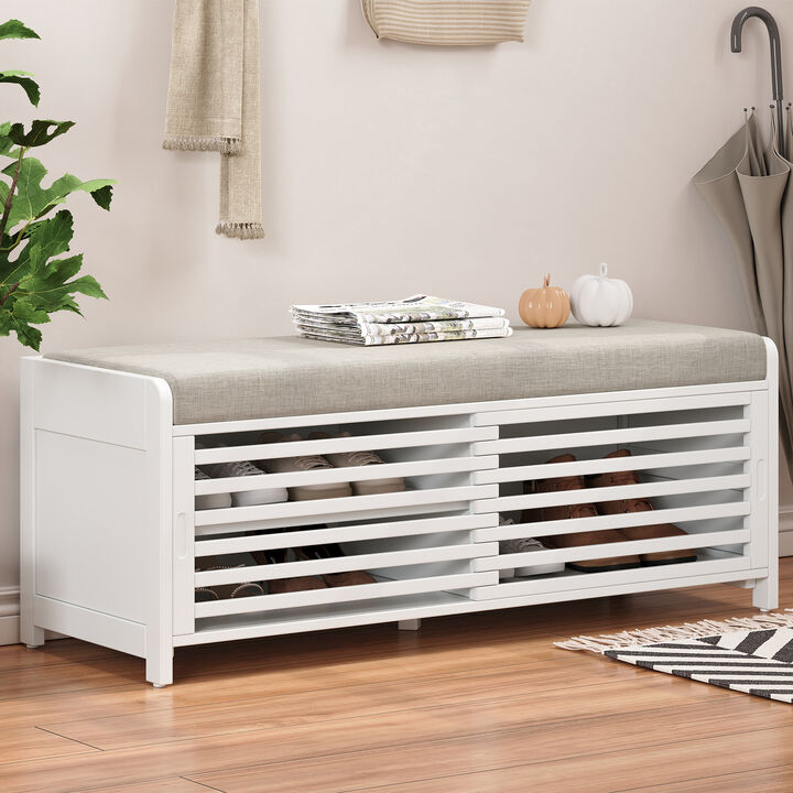 Clihome Shoe Bench with Storage and Cushion, Distressed Shutter Storage Bench with Retro Charm for Living Room, Entryway (Grey)
