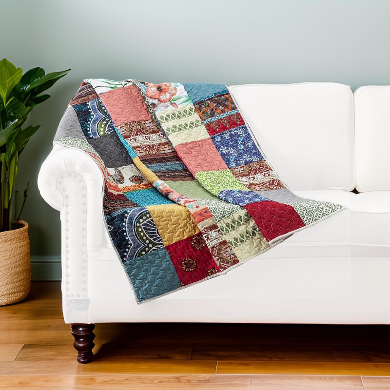 Lily 50 x 60 Inch Quilted Patchwork Throw Blanket, Multicolor Cotton Strips - Benzara