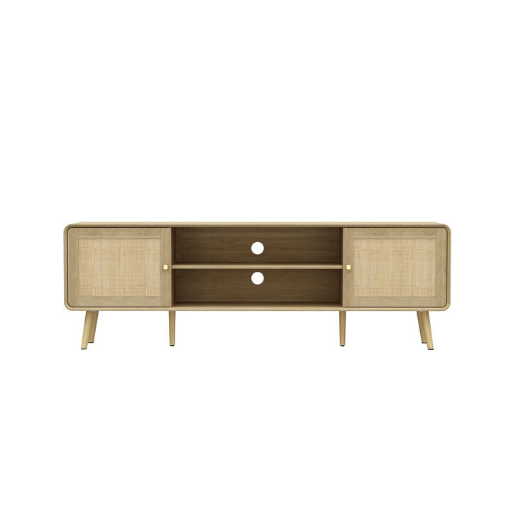 FUFU&GAGA Modern Rattan TV Stand with Storage Cabinets & Shelves, Gold Accents (70.9" W x 13.9" D x 23.2" H),Natural Wood Finish