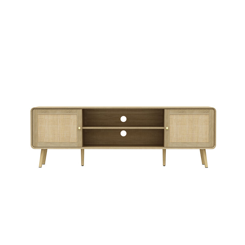 FUFU&GAGA Modern Rattan TV Stand with Storage Cabinets & Shelves, Gold Accents (70.9" W x 13.9" D x 23.2" H),Natural Wood Finish