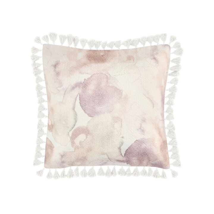 Luos Throw Pillow, Tasseled Edges, 20 Inch Pink Cotton Linen Blend - Benzara
