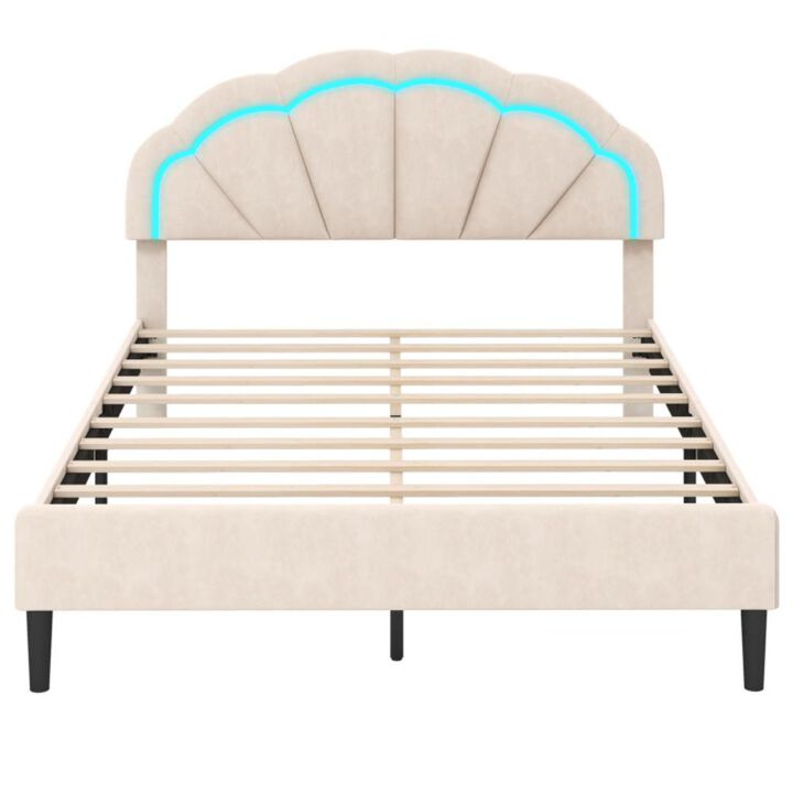 Hivvago Upholstered LED Bed Frame with Adjustable Flower Headboard and Metal Support Feet