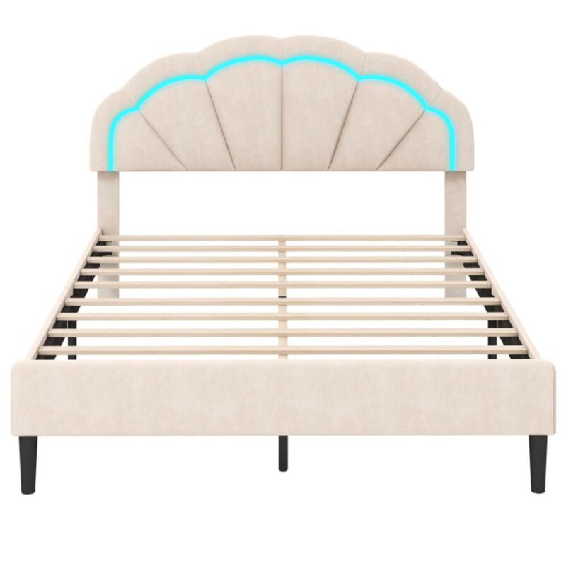 Hivvago Upholstered LED Bed Frame with Adjustable Flower Headboard and Metal Support Feet