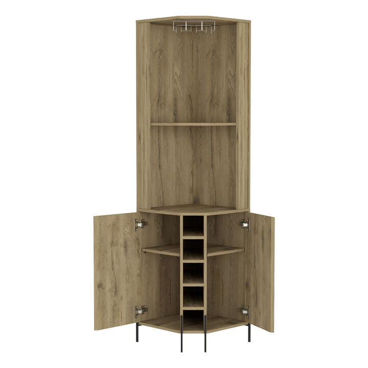 DEPOT E-SHOP Bosnia Corner Bar Cabinet, Two Shelves, Two Independent Single Door Cabinet, Five Built-in Wine Rack, Four Interior Shelves, Macadamia