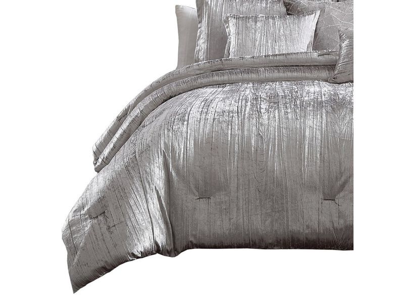 King Size 7 Piece Fabric Comforter Set with Crinkle Texture, Silver - Benzara