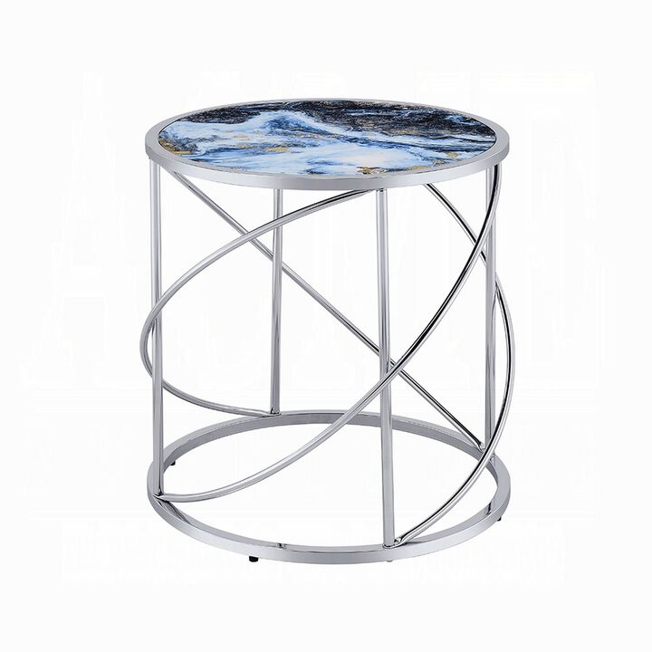 Shira Round Side End Table, 22 Inch, Open Chrome Base Blue Faux Marble - Benzara