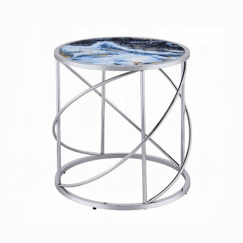 Shira Round Side End Table, 22 Inch, Open Chrome Base Blue Faux Marble - Benzara