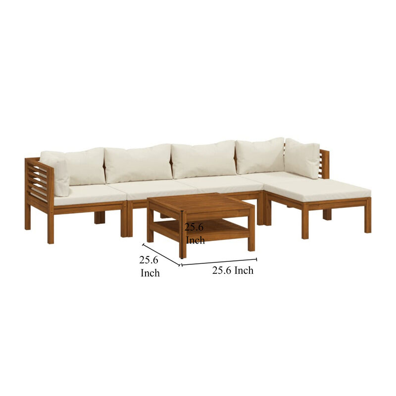 6pc Outdoor Modular Sofa Set, Coffee Table, Ivory, Brown Acacia Wood - Benzara