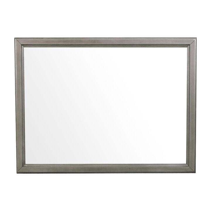 Wooden Square Mirror with Molded Details and Dual Texture, Gray-Benzara