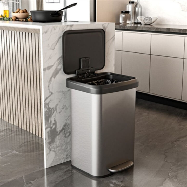 Soft-Close Stainless Steel Step Trash Can – Hands-Free Pedal & Quiet Closing Lid for Kitchen