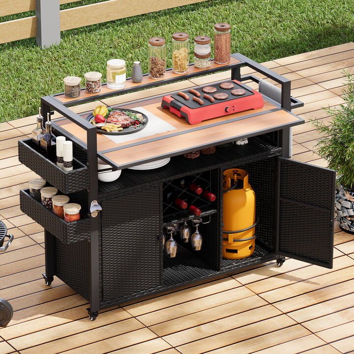 Merax Wicker Outdoor Rolling Kitchen Island