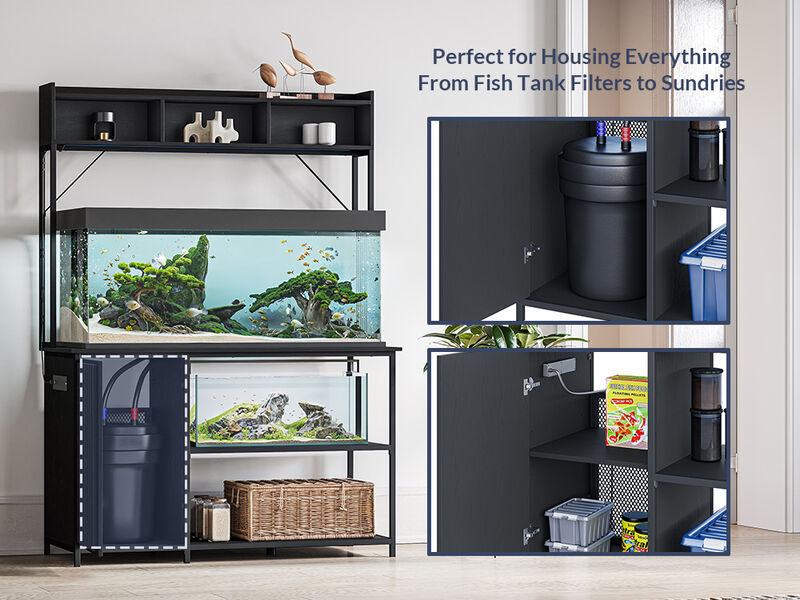 BELLEZE 55-75 Gallon Fish Tank Stand with RGB Light, Aquarium Stand with Power Outlets,Cabinet for Fish Tank Accessories Storage, 20"D x 52"W Tabletop fits Turtle Tank, Reptile Tank, Black Ebony