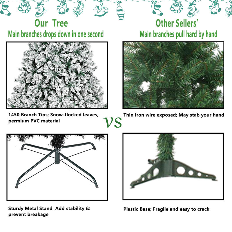 Automatic Flocked Christmas Tree with 1450 Branches Full & Easy-Setup Holiday Décor