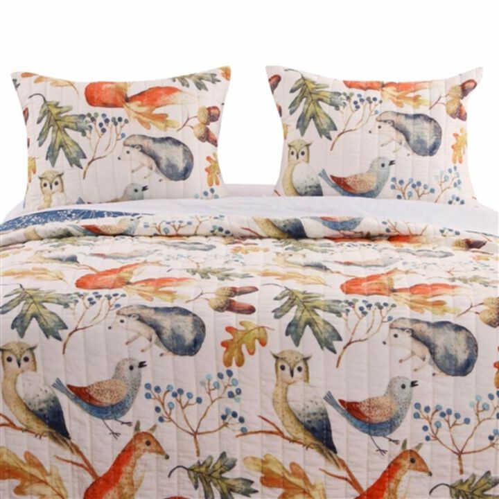 Hivvago Twin 2 Piece Blue Beige Birds Animals Floral Reversible Quilt Set