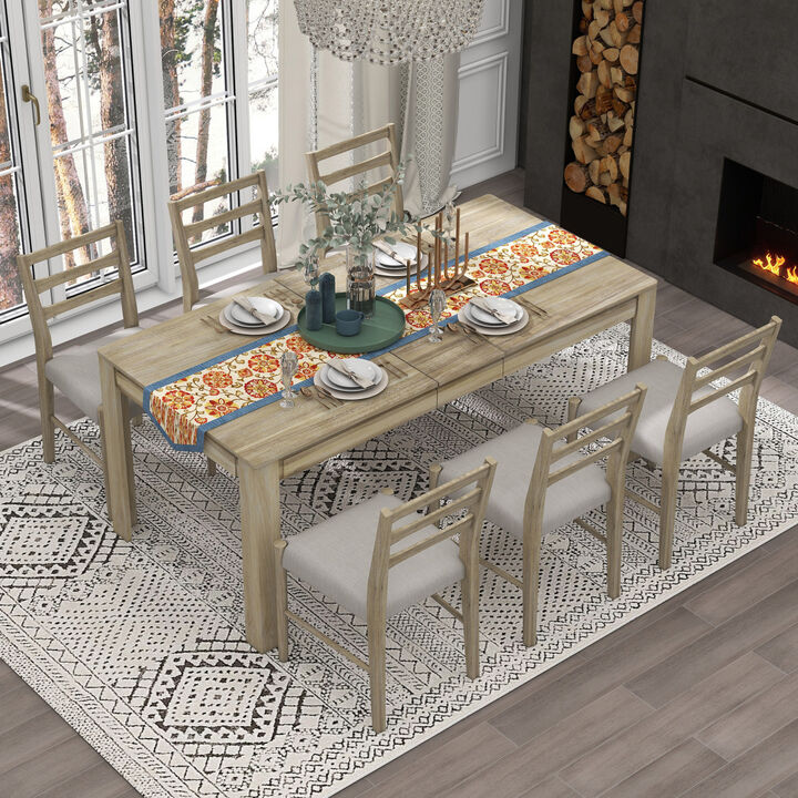 7-Piece Wooden Dining Table Set Mutifunctional Extendable Table With 12" Leaf And 2 Drawers