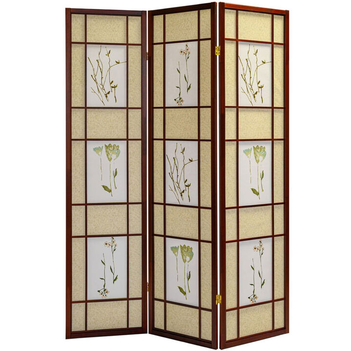 3 Panel Room Divider Privacy Screen Botanical Floral Accented Cherry Color