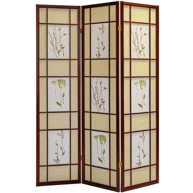 3 Panel Room Divider Privacy Screen Botanical Floral Accented Cherry Color