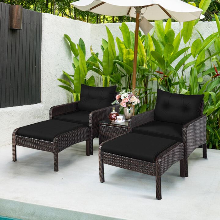 Hivvago 5 Pieces Patio Rattan Sofa Ottoman Furniture Set with Cushions