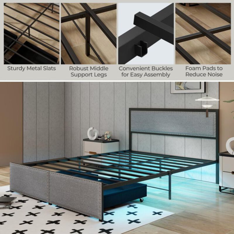 Hivvago Bed Frame with LED Lights Drawer and Metal Slats