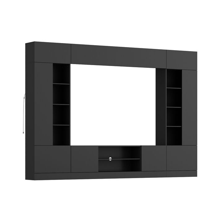 4-Piece Black Wood Entertainment Center TV Console with Door Cabinets, Bookshelves, LED Lights for TVs up to 75 in.