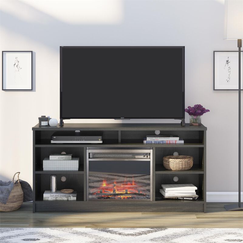 REALROOMS Hickory Hill 55" TV Stand with Electric Fireplace Space Heater and 6 Shelves