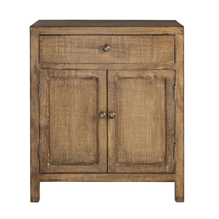 Lia Small Accent Cabinet, 2 Door, Drawer, Antique Style Natural Wood - Benzara
