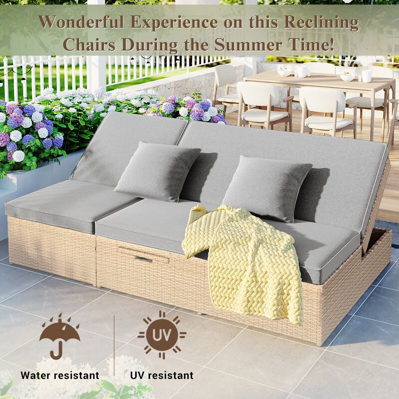 MONDAWE Outdoor Double Sunbed, Wicker Rattan Patio Reclining Chairs with Adjustable Backrest and Seat, Conversational Set
