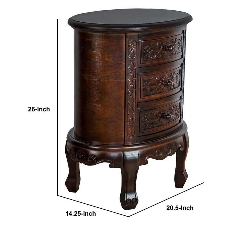 Wooden Chest with 3 Drawer and Scrolled Details, Dark Brown-Benzara