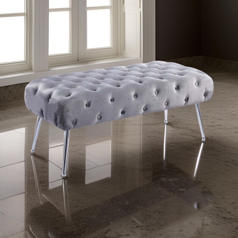 Rey 48 Inch Accent Bench, Tufted Gray Velvet Upholstery Padded Seat, Chrome - Benzara