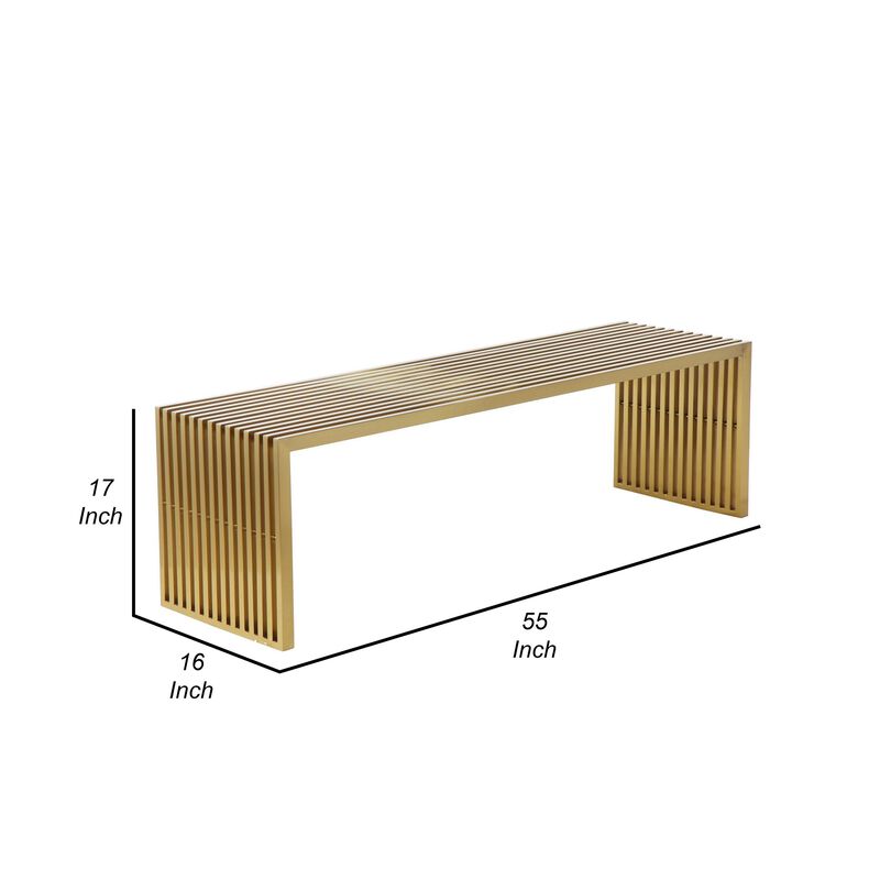 Niki 55 Inch Accent Bench, Slatted, Rectangular, Luxurious Brushed Gold - Benzara