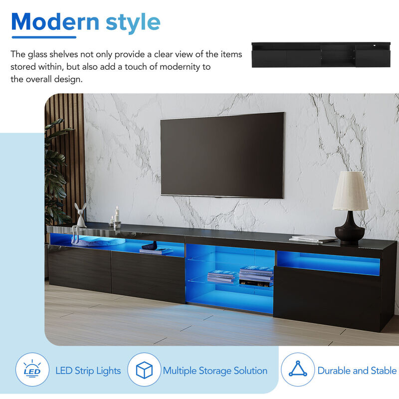LED TV Stand with Glass Shelves & Ample Storage