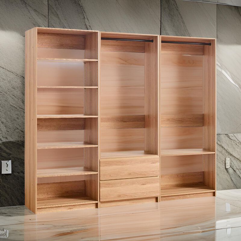 Dee Modular Closet System, 2 Clothing Racks, 2 Drawers, 6 Shelf, Brown Wood - Benzara