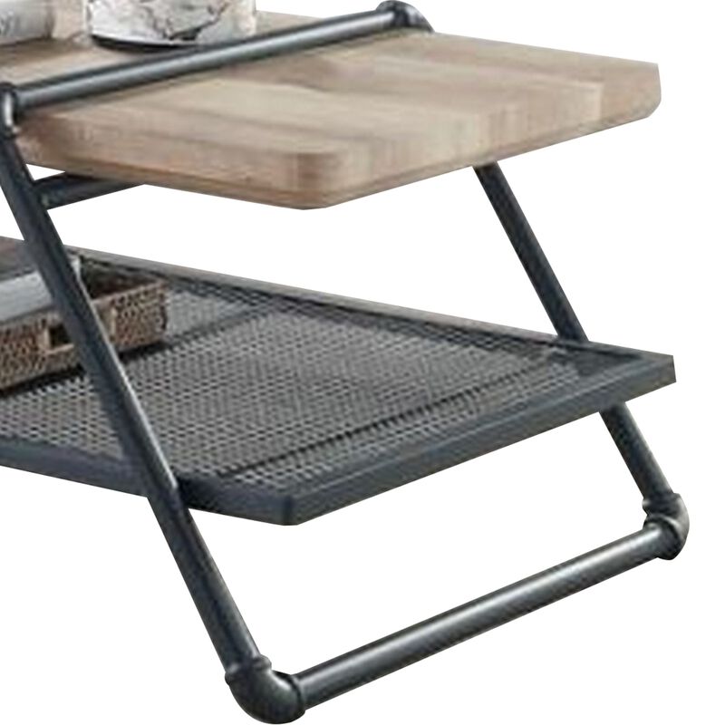 Coffee Table with Wooden Top and Mesh Shelf, Brown and Black-Benzara
