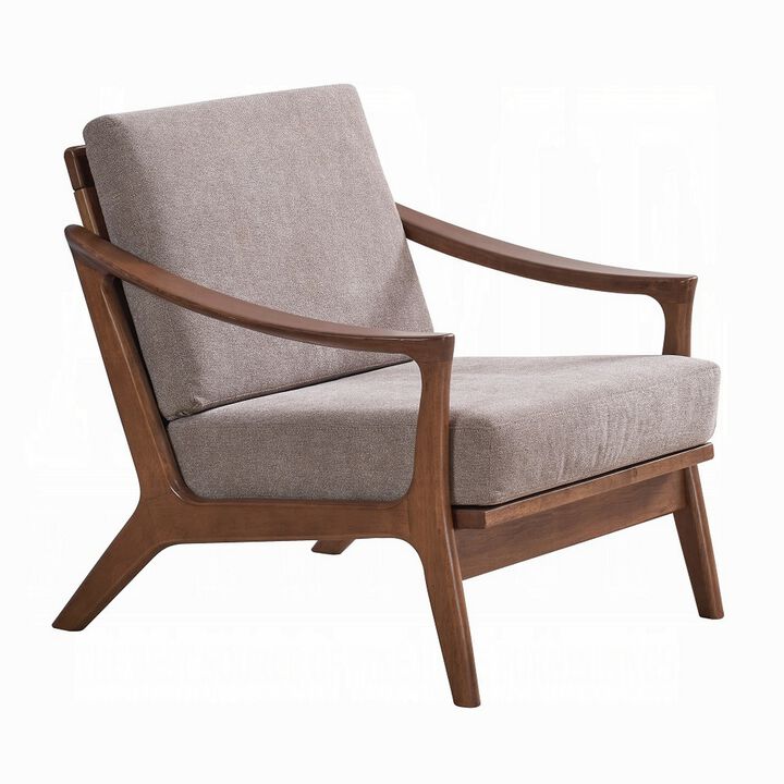 Liama Accent Chair, Light Brown Fabric, Soft Cushioning, Brown Wood - Benzara