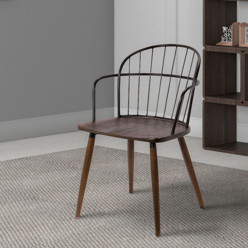 Metal Frame Side Chair with Open Backrest, Black and Brown-Benzara