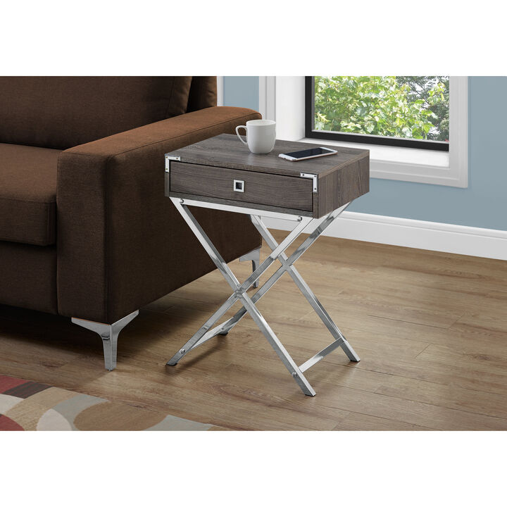 Monarch Specialties I 3555 Accent Table, Side, End, Nightstand, Lamp, Storage Drawer, Living Room, Bedroom, Metal, Laminate, Brown, Chrome, Contemporary, Modern