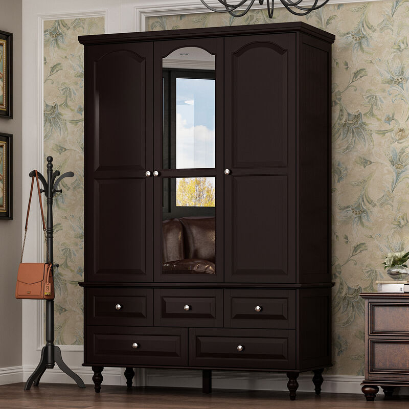 Black Paint 47.2 in. W Big Wardrobe Armoires W/Mirror, Hanging Rod, Drawers, Adjustable Shelves 70.9 in. H x 20 in. D